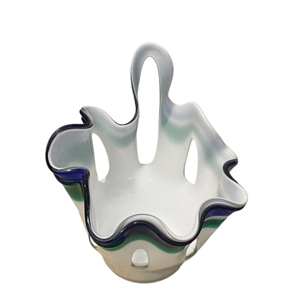 Mid Century Vintage Handmade Ruffle Blue and White Artistic Glass Vase, - Picture 3 of 11